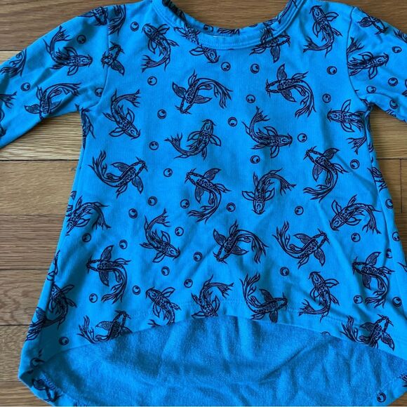 Noni Bee Teal Blue Goldfish Fish Print High Low Long Sleeve Cotton Dress 12-24 - Picture 2 of 5